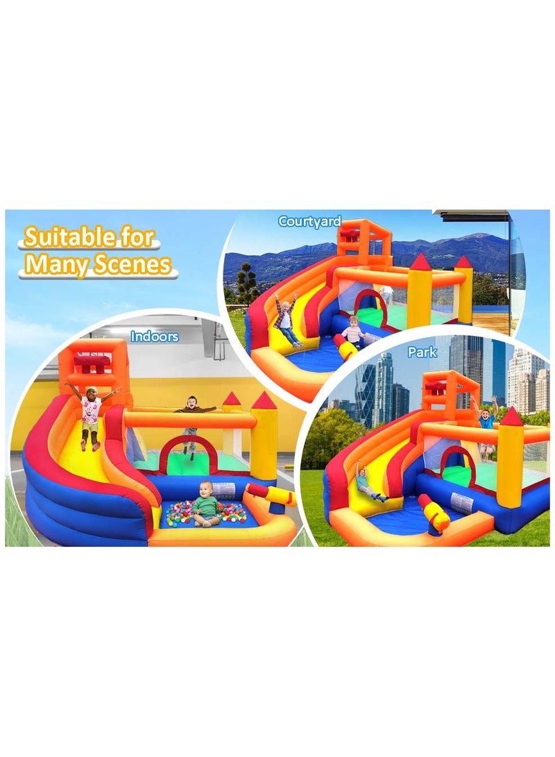 Bouncy Castle Inflatable Trampoline Bounce House with Slide Climbing Wall Ball Pit Cannon Bucket Dump for Kids Indoor Outdoor