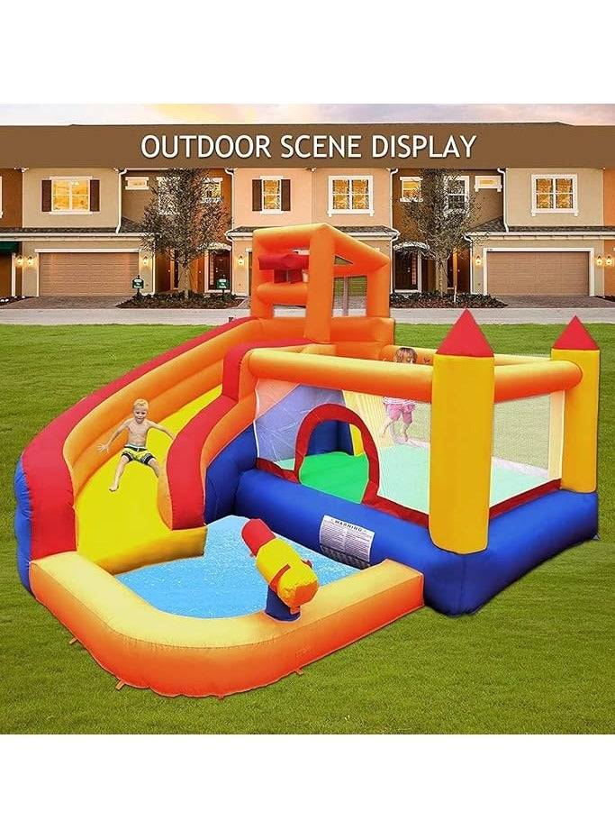 Bouncy Castle Inflatable Trampoline Bounce House with Slide Climbing Wall Ball Pit Cannon Bucket Dump for Kids Indoor Outdoor