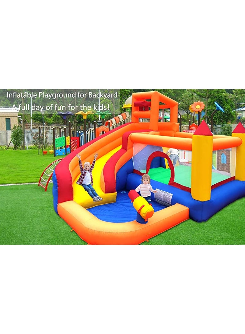 Bouncy Castle Inflatable Trampoline Bounce House with Slide Climbing Wall Ball Pit Cannon Bucket Dump for Kids Indoor Outdoor