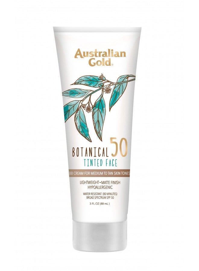 Australian Gold Botanical SPF 50 Tinted Sunscreen for Face, Non-Chemical BB Cream & Mineral Sunscreen, Water-Resistant, Matte Finish, For Sensitive Facial Skin, Medium to Tan Skin Tones, 3 FL Oz