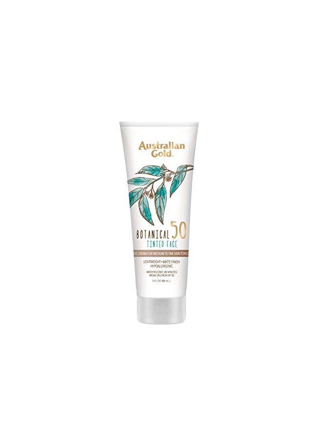 Australian Gold Botanical SPF 50 Tinted Sunscreen for Face, Non-Chemical BB Cream & Mineral Sunscreen, Water-Resistant, Matte Finish, For Sensitive Facial Skin, Medium to Tan Skin Tones, 3 FL Oz