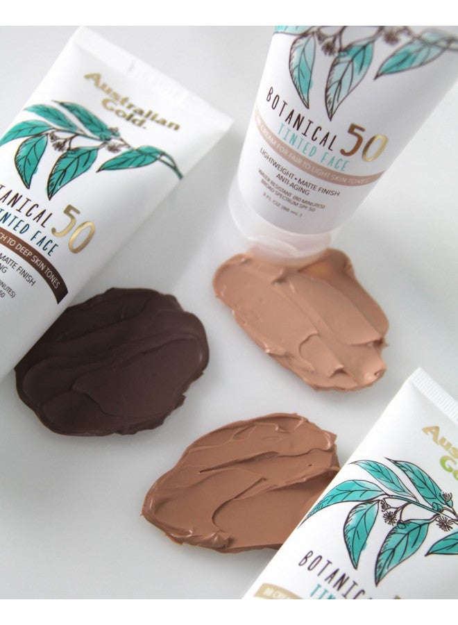 Australian Gold Botanical SPF 50 Tinted Sunscreen for Face, Non-Chemical BB Cream & Mineral Sunscreen, Water-Resistant, Matte Finish, For Sensitive Facial Skin, Medium to Tan Skin Tones, 3 FL Oz