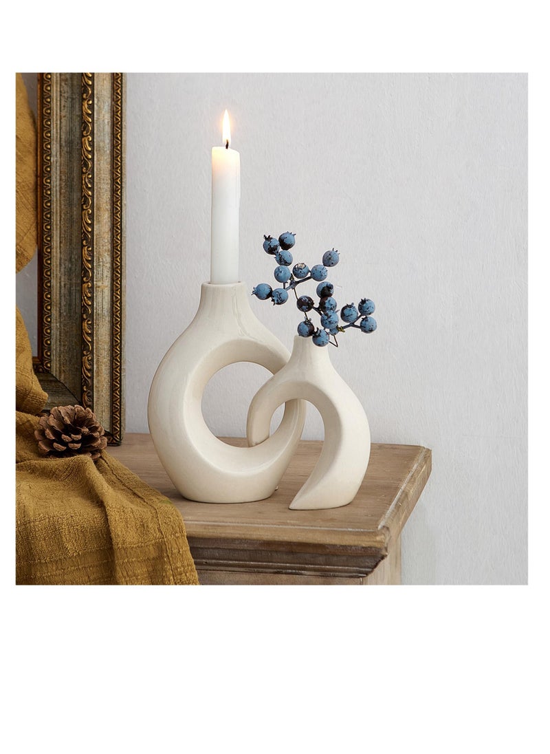 White Ceramic Candle Holder, Taper Candle Holder, Modern Candle Holder, Decorative Candle Stick, Candle Holder Decor for Table, Minimalist Candle Holders for Living Room, Lvory