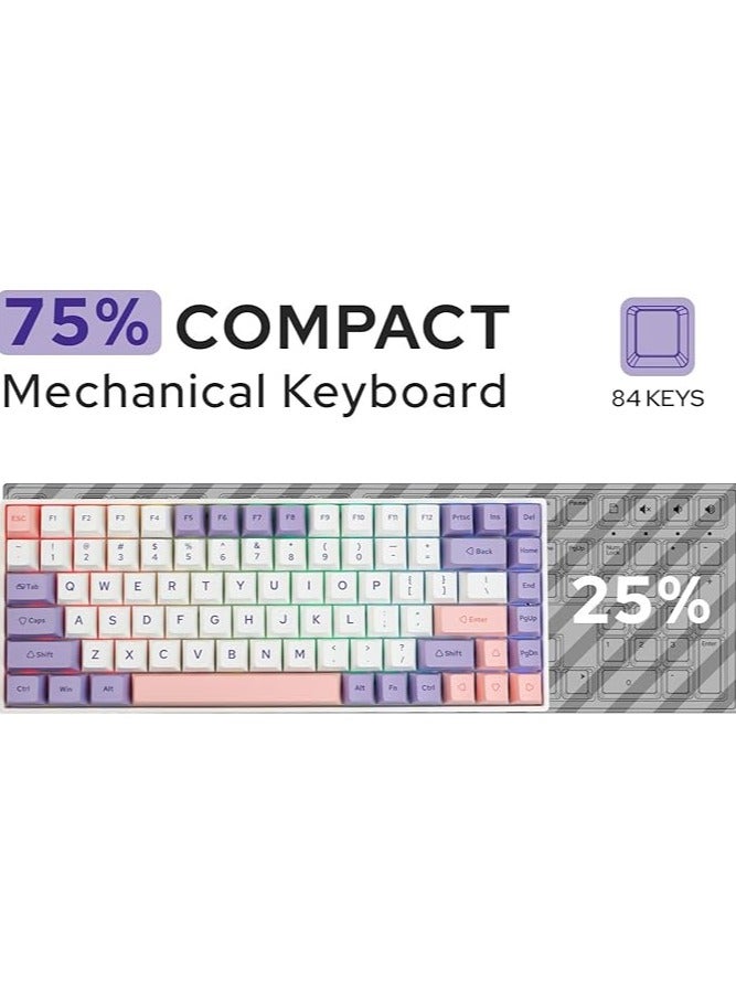 EP84 Plus 75% RGB Hot Swappable 2.4GHz/Bluetooth 5.0/USB-C Wired Mechanical Gaming Keyboard with Programmable Software, NKRO, Dye Sublimation PBT Keycaps for Mac/Win/Gamers(Wisteria Linear)