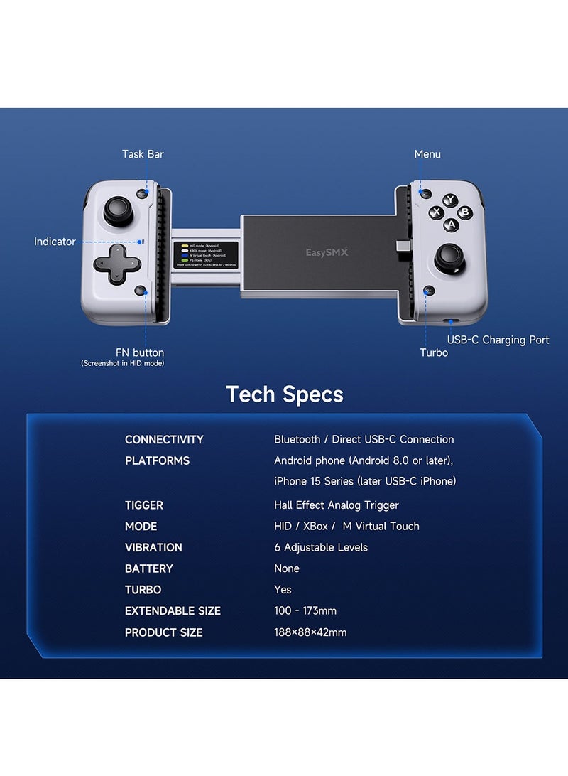 EasySMX M05 Mobile Gaming Controller, for iPhone 15 Series (USB-C),Android Gaming Controller, with Hall Trigger, Advanced Vibration, Plug & Play, Bluetooth (Type-C)