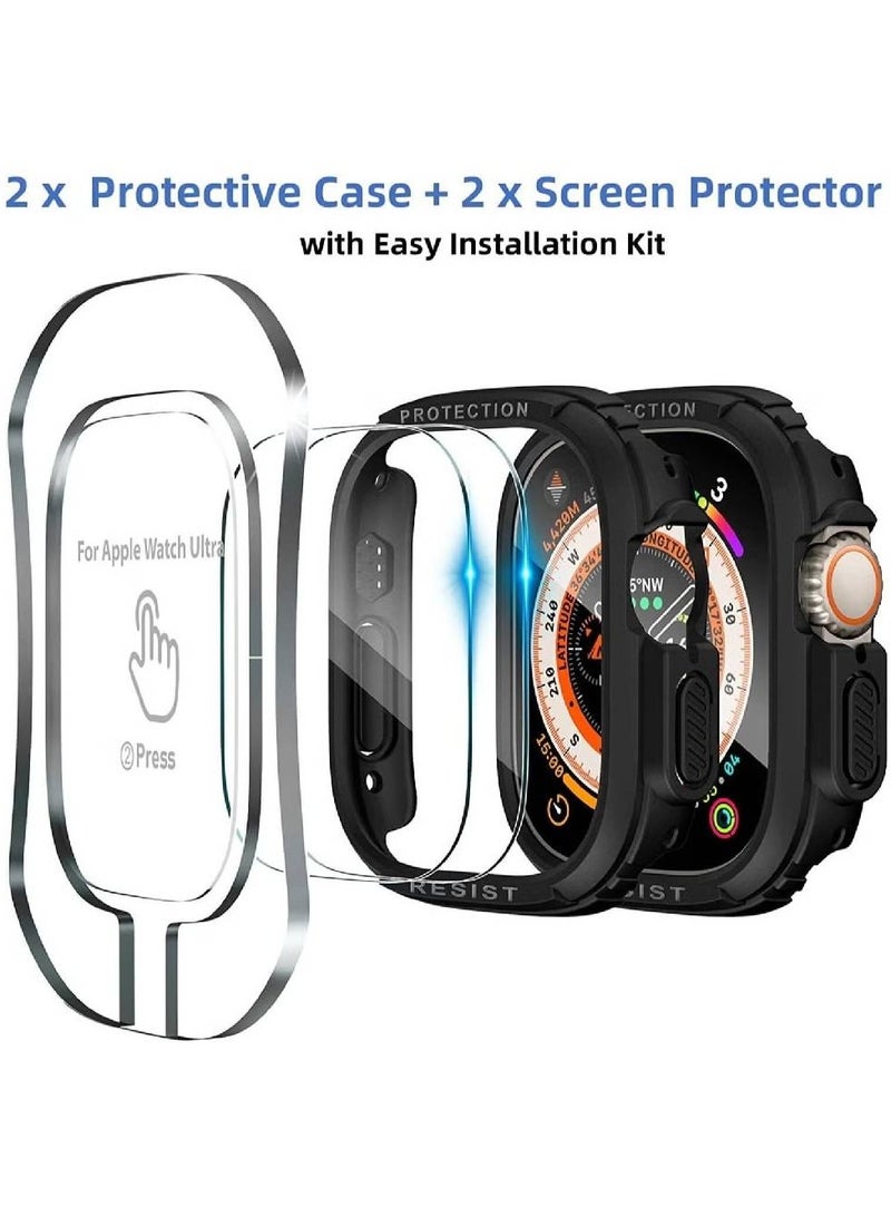 2+2 Pack Hard PC Case and Screen Protector Compatible with Apple Watch Ultra 49mm, Waterproof Rugged Bumper Cover with 9H Tempered Glass Screen Protector for iWatch Ultra 49mm, Black