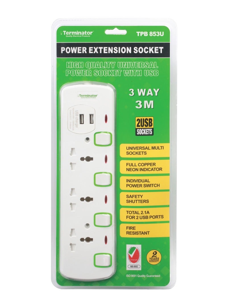 3Way Universal Power Extension Socket With USB 2.14A, 3M