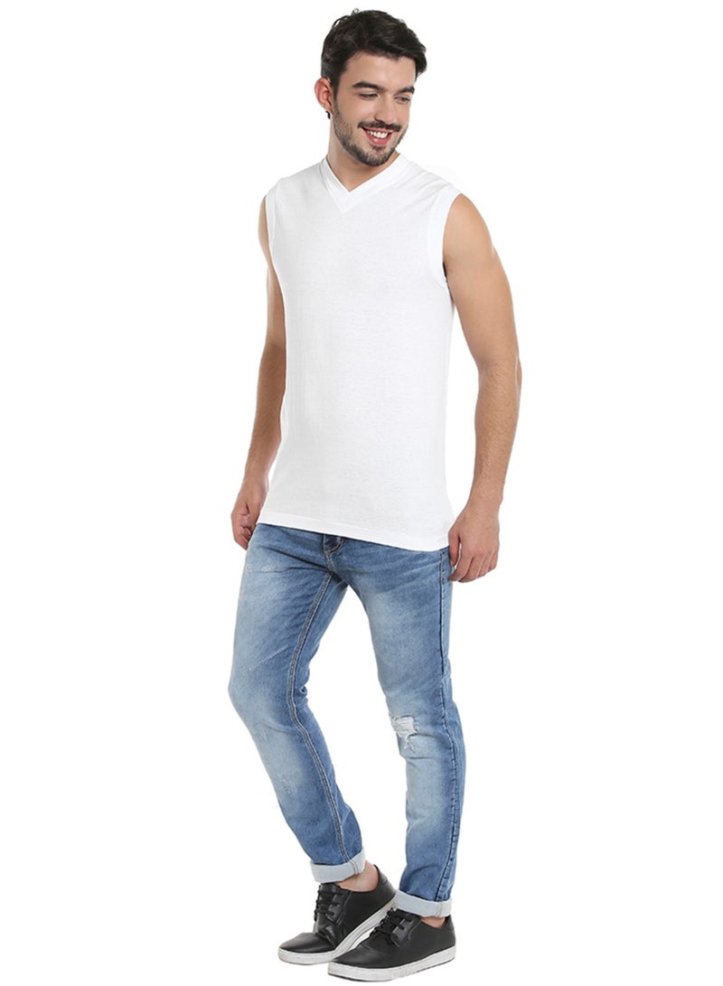 MEN'S SLEEVELESS V-NECK COTTON T-SHIRT (PACK OF 3) - WHITE