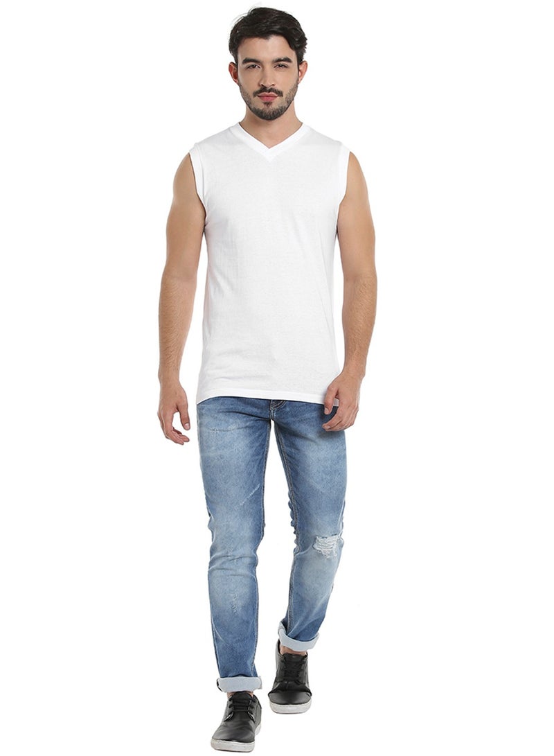 MEN'S SLEEVELESS V-NECK COTTON T-SHIRT (PACK OF 3) - WHITE