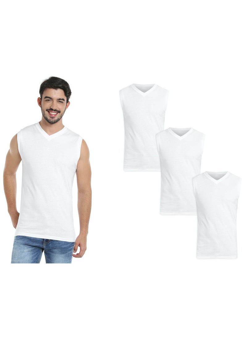 MEN'S SLEEVELESS V-NECK COTTON T-SHIRT (PACK OF 3) - WHITE