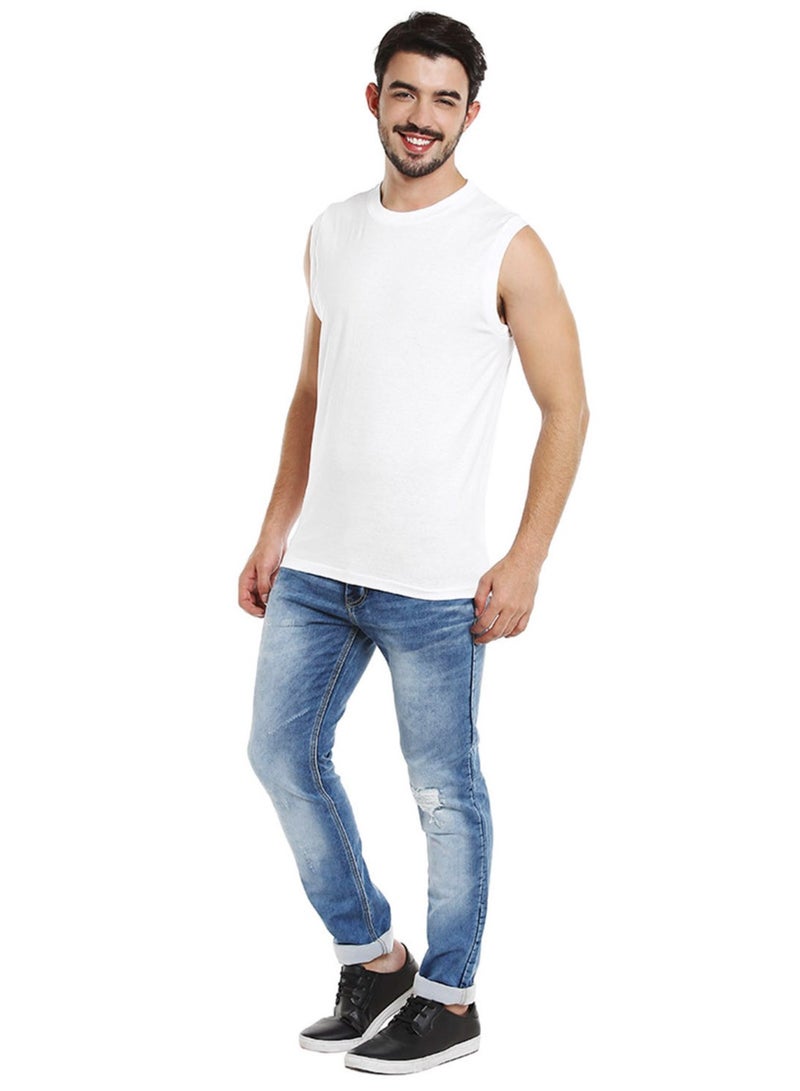 MEN'S SLEEVELESS O-NECK COTTON T-SHIRT (PACK OF 3) - WHITE