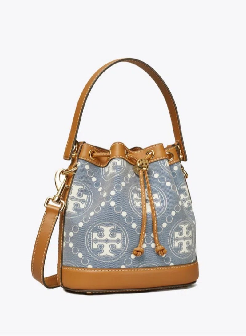 Tory Burch T Monogram Drawstring Closure Jacquard Leather Trim Bucket Bag Tote Shoulder Satchel