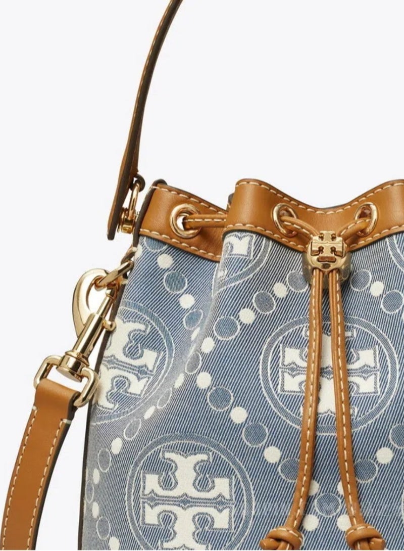 Tory Burch T Monogram Drawstring Closure Jacquard Leather Trim Bucket Bag Tote Shoulder Satchel