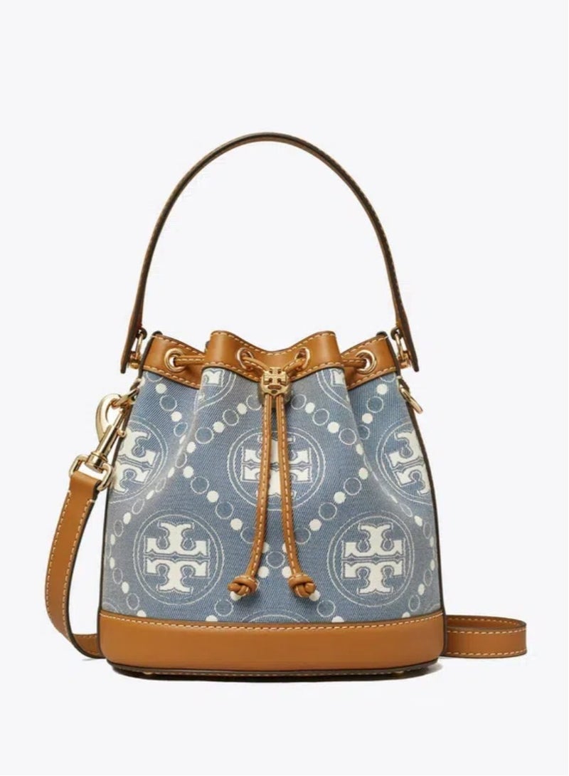 Tory Burch T Monogram Drawstring Closure Jacquard Leather Trim Bucket Bag Tote Shoulder Satchel