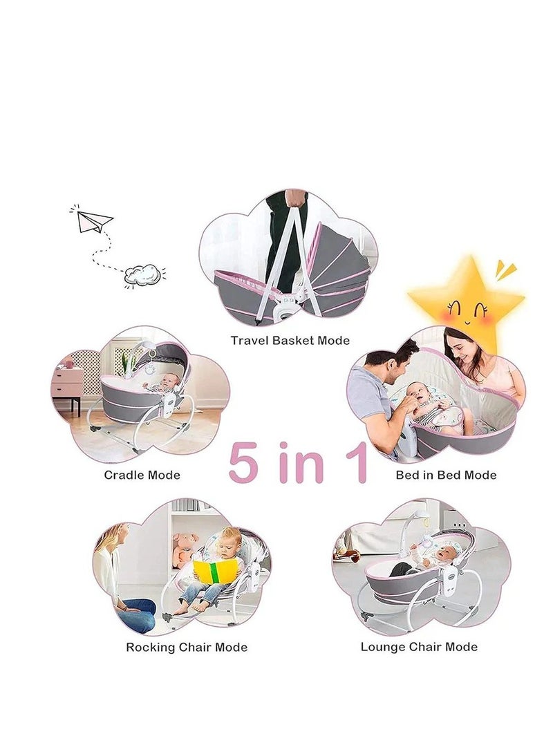 5 in 1 Baby comfortable electric bouncer chair baby rocking crib with toy bar & music vibration box 3 speed backrest adjustment can sit can lift basket for 0-3 years old babies