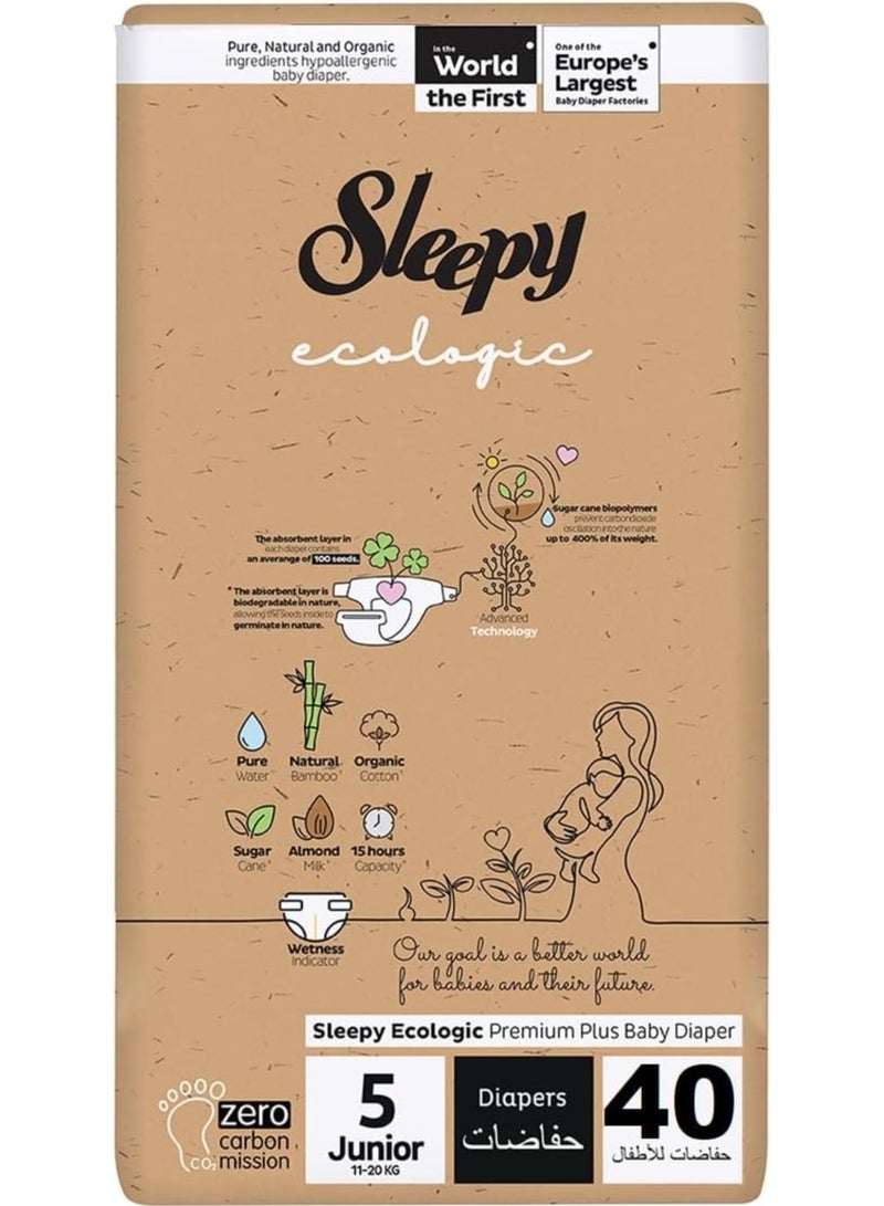 Sleepy Ecologic Size 5 40 Count (New Born) Hypoallergenic Plant-Based, Biodegradable, Sustainable Premium Taped Diapers with high absorption Organic Baby Dry Diaper 3-6 kg 100% leakproof