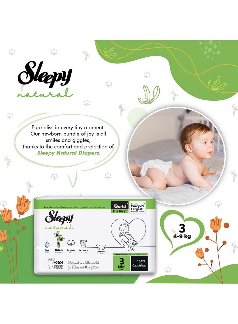 Sleepy Natural Size 3 (NewBorn) 68 Count 4-9Kg Hypoallergenic Baby Dry Diapers  Organic Cotton  Highly Absorbent Bamboo Extract  Ultimate Comfort and Dryness  100% Leakage Protection