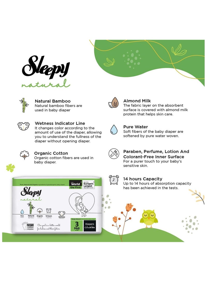 Sleepy Natural Size 3 (NewBorn) 68 Count 4-9Kg Hypoallergenic Baby Dry Diapers  Organic Cotton  Highly Absorbent Bamboo Extract  Ultimate Comfort and Dryness  100% Leakage Protection