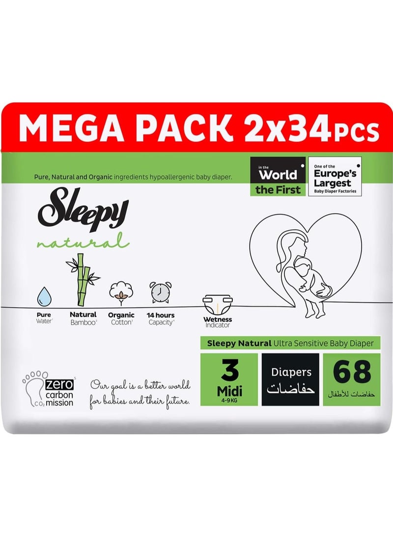 Sleepy Natural Size 3 (NewBorn) 68 Count 4-9Kg Hypoallergenic Baby Dry Diapers  Organic Cotton  Highly Absorbent Bamboo Extract  Ultimate Comfort and Dryness  100% Leakage Protection