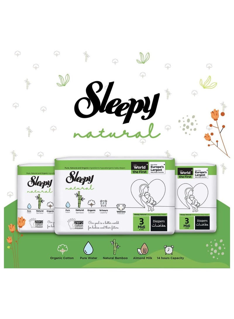 Sleepy Natural Size 3 (NewBorn) 68 Count 4-9Kg Hypoallergenic Baby Dry Diapers  Organic Cotton  Highly Absorbent Bamboo Extract  Ultimate Comfort and Dryness  100% Leakage Protection