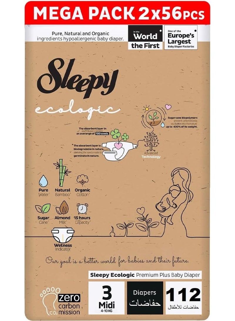 Sleepy Ecologic Size 3 112 Count (New Born) Hypoallergenic Plant-Based, Biodegradable, Sustainable Premium Taped Diapers with high absorption Organic Baby Dry Diaper 3-6 kg 100% leakproof