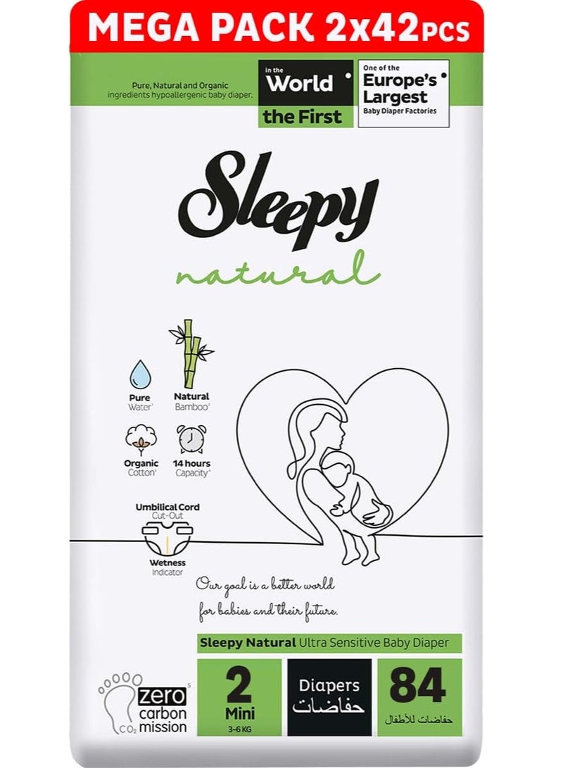 Sleepy Natural Size 2 (NewBorn) 84 Count  3-6Kg Hypoallergenic Baby Dry Diapers  Organic Cotton  Highly Absorbent Bamboo Extract  Ultimate Comfort and Dryness  100% Leakage Protection