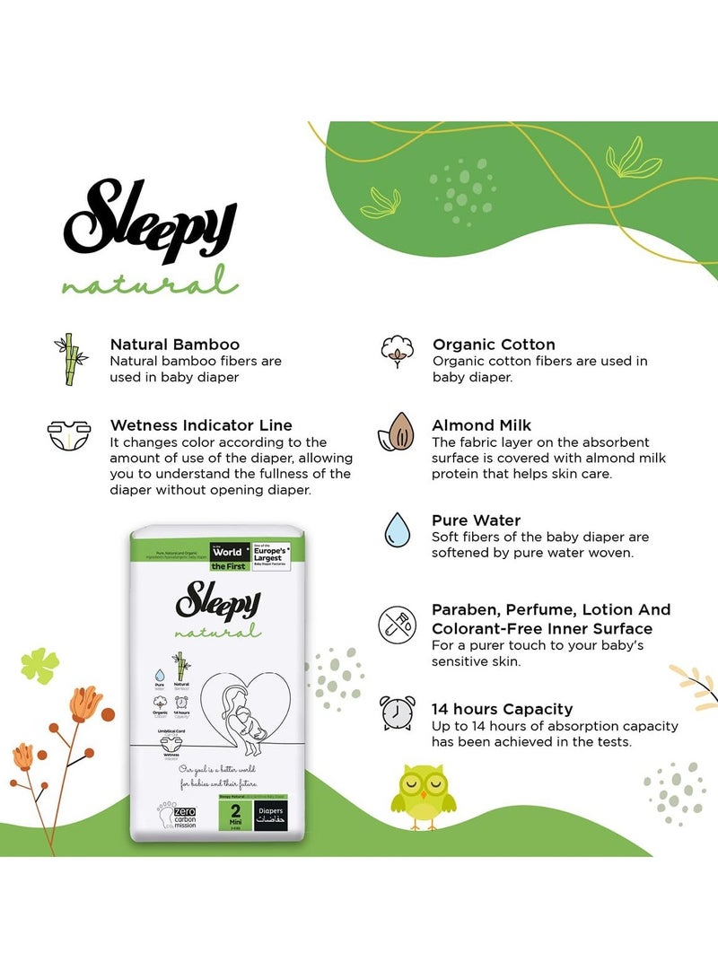 Sleepy Natural Size 2 (NewBorn) 84 Count  3-6Kg Hypoallergenic Baby Dry Diapers  Organic Cotton  Highly Absorbent Bamboo Extract  Ultimate Comfort and Dryness  100% Leakage Protection