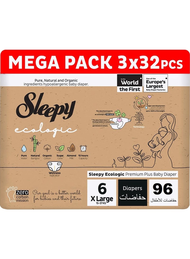 Sleepy Ecologic Size 6 96 Count (New Born) Hypoallergenic Plant-Based, Biodegradable, Sustainable Premium Taped Diapers with high absorption Organic Baby Dry Diaper 3-6 kg 100% leakproof