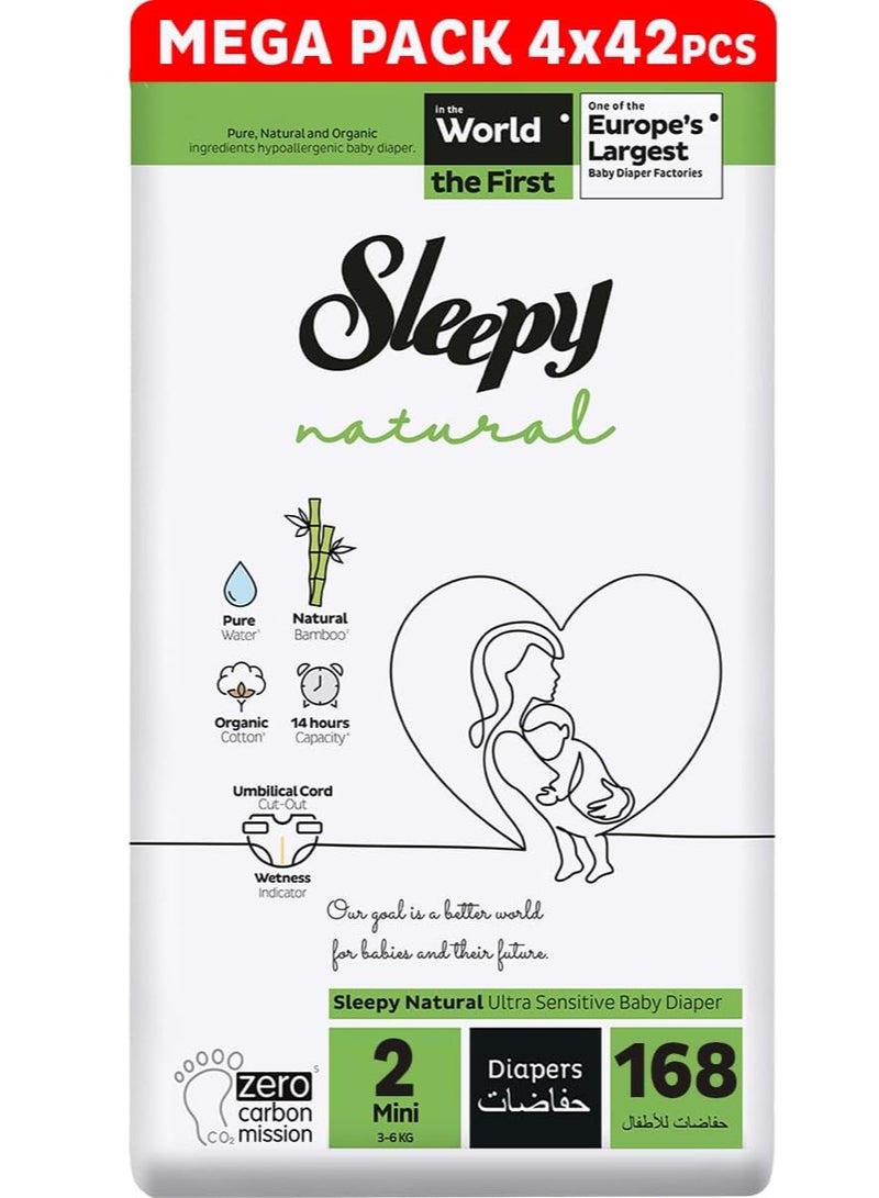 Sleepy Natural Size 2 (NewBorn) 168 Count  3-6Kg Hypoallergenic Baby Dry Diapers  Organic Cotton  Highly Absorbent Bamboo Extract  Ultimate Comfort and Dryness  100% Leakage Protection