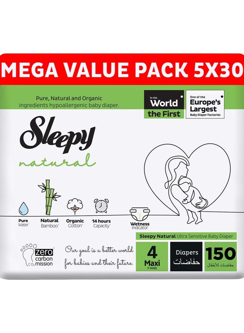 Sleepy Natural Size 4 (NewBorn) 150 Count 7-14Kg Hypoallergenic Baby Dry Diapers  Organic Cotton  Highly Absorbent Bamboo Extract  Ultimate Comfort and Dryness  100% Leakage Protection