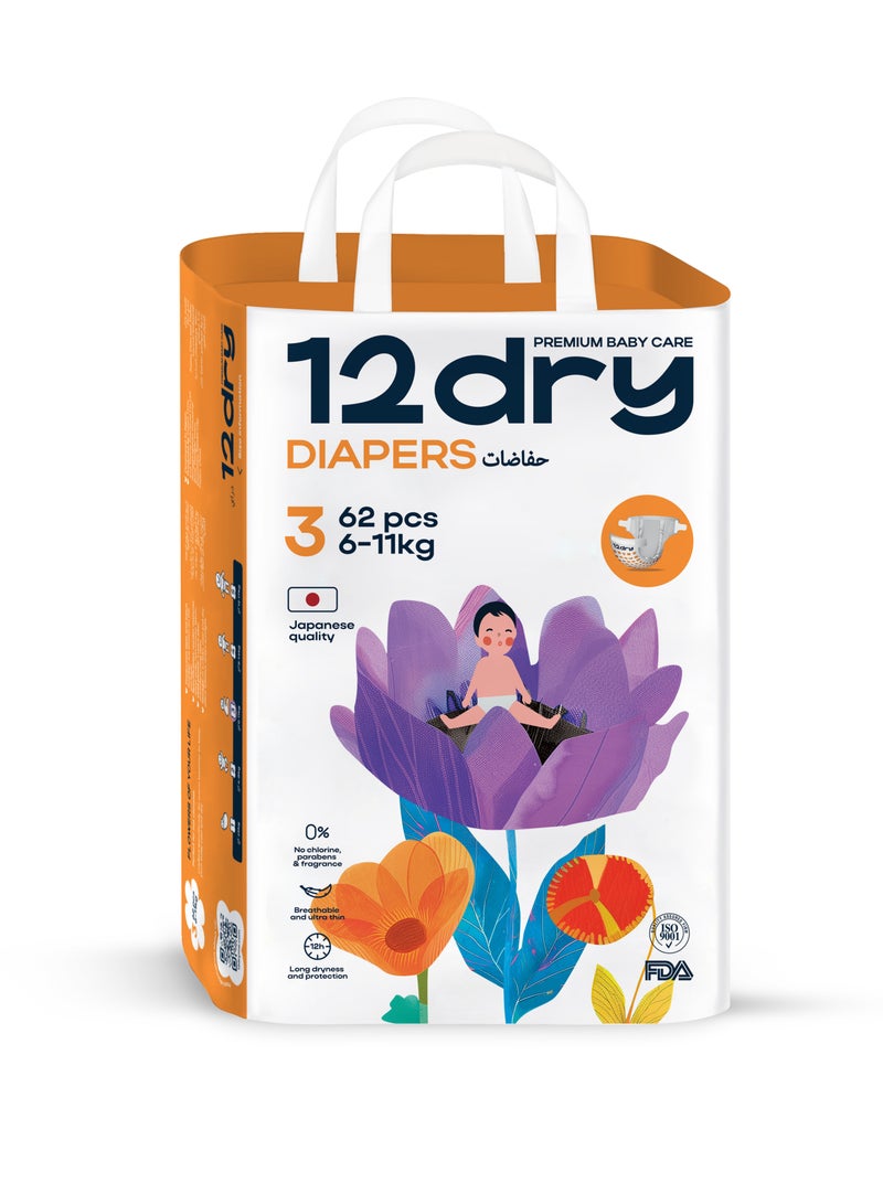 12dry Diapers,(Size 2, 82, count) – Premium Baby Care, 100% Ultra-Absorbent Japanese Tech, Dual-Layer, Thin & Breathable, Eco-Friendly, Hypoallergenic, Soft Elastic Waistband for Active Babies