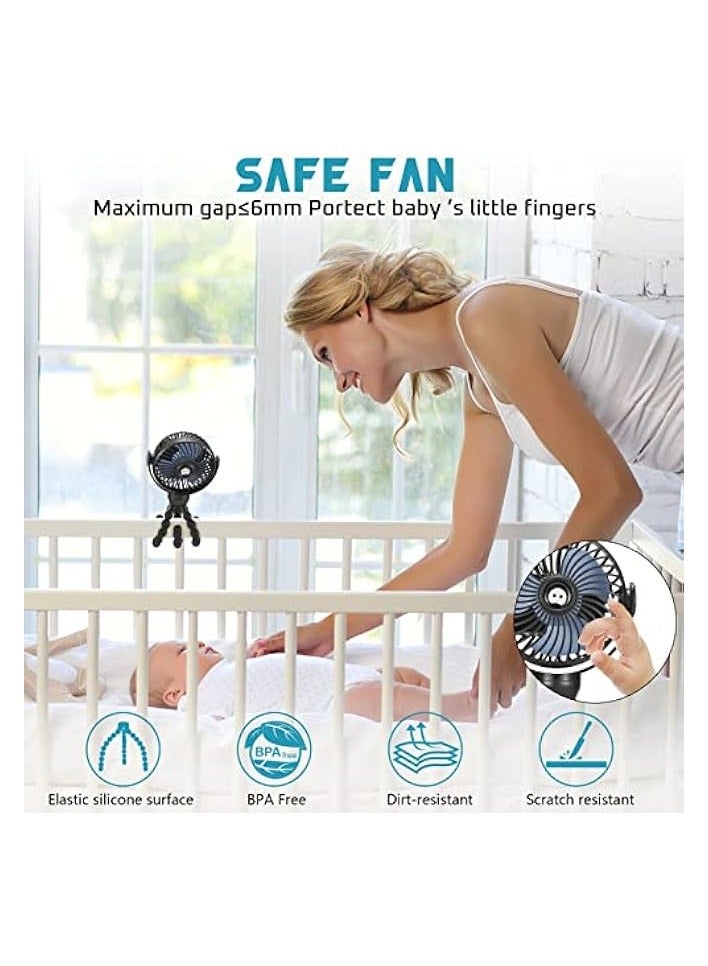 Upgraded Portable Baby Stroller Fan, 360°Rotate Rechargeable Mini Clip on Fan with Flexible Tripod for Stroller Treadmill Crib Car Seat Travel, 4000mAh Battery Powered Handheld Fan (Black)