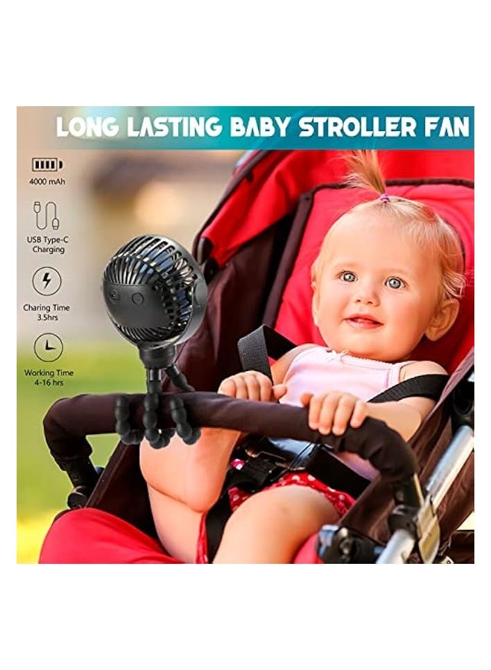 Upgraded Portable Baby Stroller Fan, 360°Rotate Rechargeable Mini Clip on Fan with Flexible Tripod for Stroller Treadmill Crib Car Seat Travel, 4000mAh Battery Powered Handheld Fan (Black)