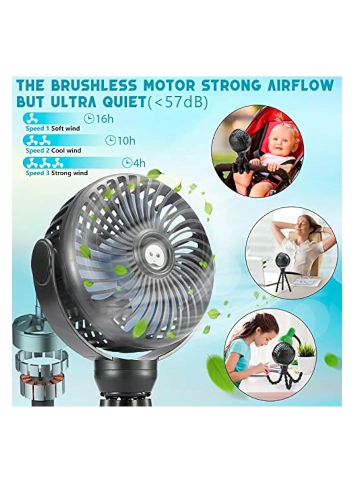 Upgraded Portable Baby Stroller Fan, 360°Rotate Rechargeable Mini Clip on Fan with Flexible Tripod for Stroller Treadmill Crib Car Seat Travel, 4000mAh Battery Powered Handheld Fan (Black)