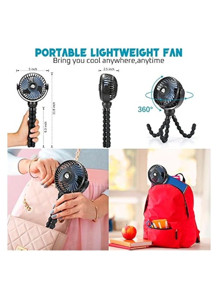 Upgraded Portable Baby Stroller Fan, 360°Rotate Rechargeable Mini Clip on Fan with Flexible Tripod for Stroller Treadmill Crib Car Seat Travel, 4000mAh Battery Powered Handheld Fan (Black)