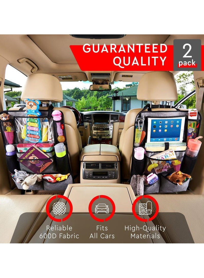 Car Back Seat Organizer Foldable Car Seat Back Protectors With 10-Inch Clear Tablet Pocket Car Storage Organizer With 9 Storage Pockets Earphone Charging Hole For Car Travel 2 Pack