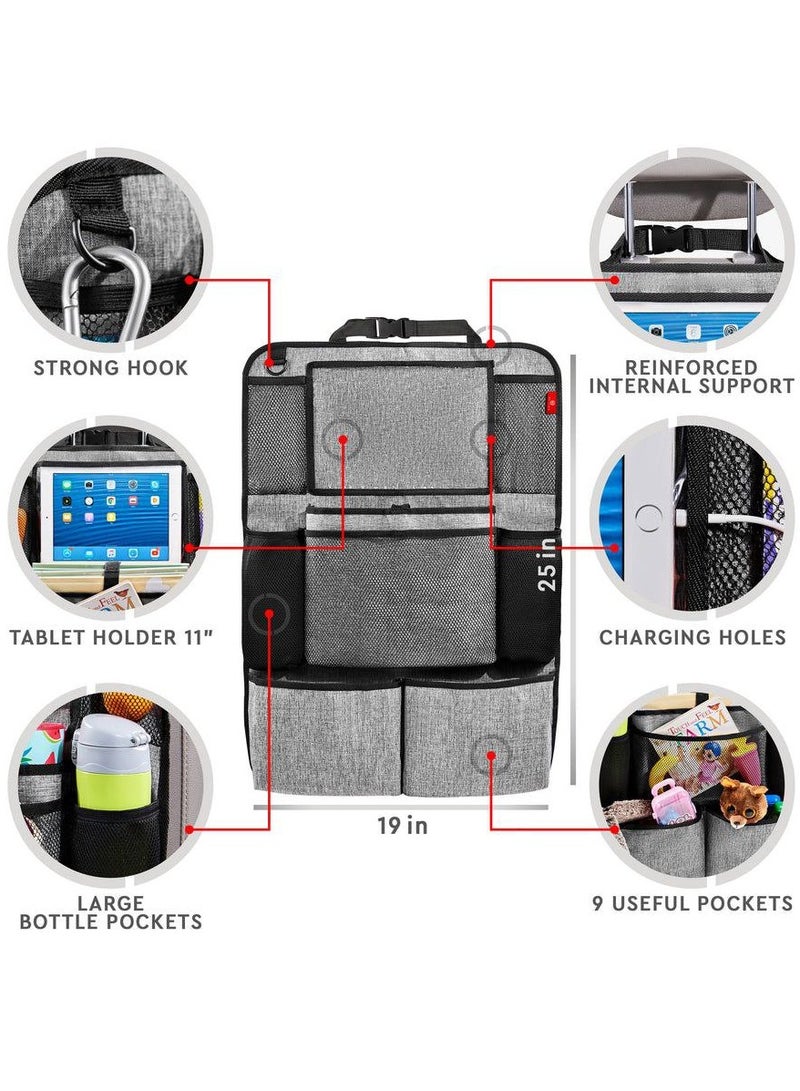 Car Back Seat Organizer Foldable Car Seat Back Protectors With 10-Inch Clear Tablet Pocket Car Storage Organizer With 9 Storage Pockets Earphone Charging Hole For Car Travel 2 Pack