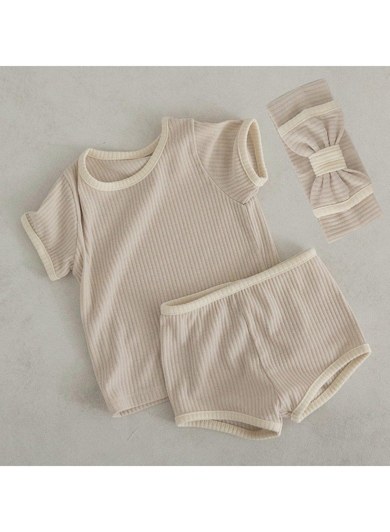 Baby Soft Breathable Cotton Short-Sleeved T-Shirt + Shorts Split + Hairband Apricot Color Three-Piece Set