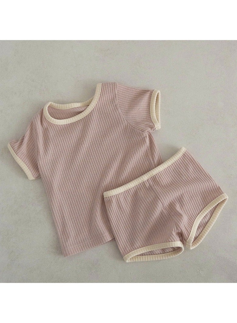 Baby Soft Breathable Cotton Short-Sleeved T-Shirt + Shorts Split Pink Purple Two-Piece Set