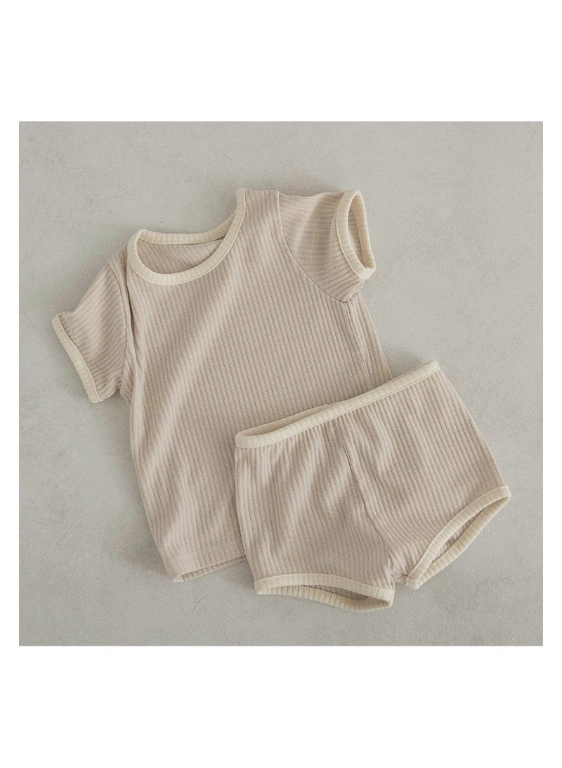 Baby Soft Breathable Cotton Short-Sleeved T-Shirt + Shorts Split Light Apricot Two-Piece Set