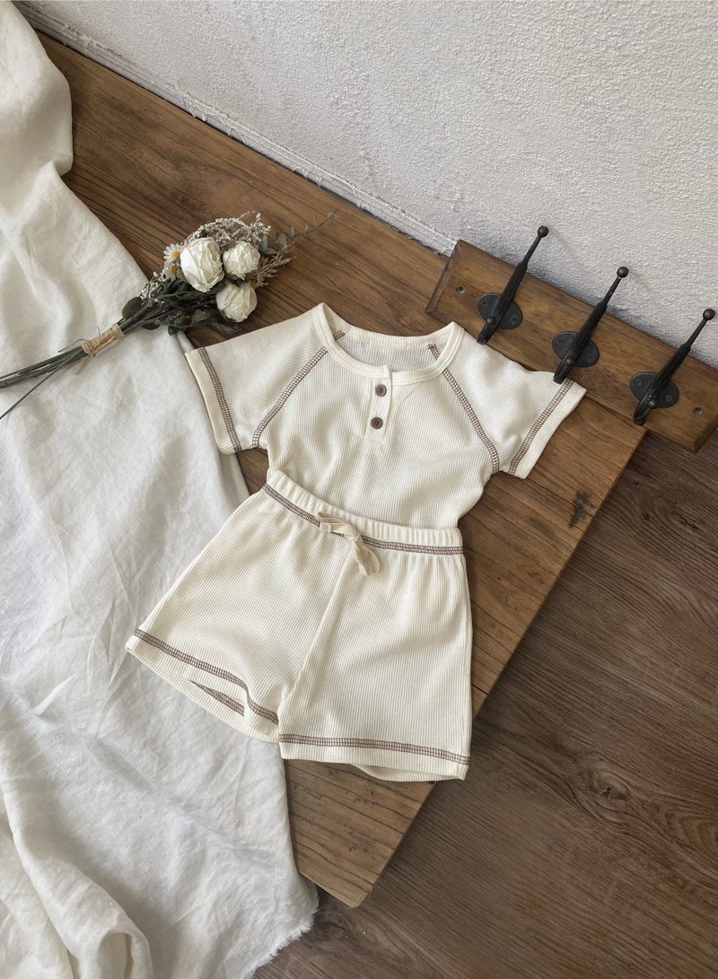 Baby soft breathable cotton short-sleeved T-shirt + shorts Beige two-piece set