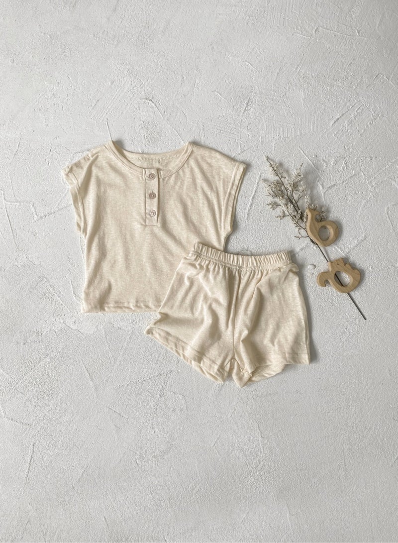 Baby Soft Breathable Cotton Short-Sleeved T-Shirt + Shorts Apricot Two-Piece Set