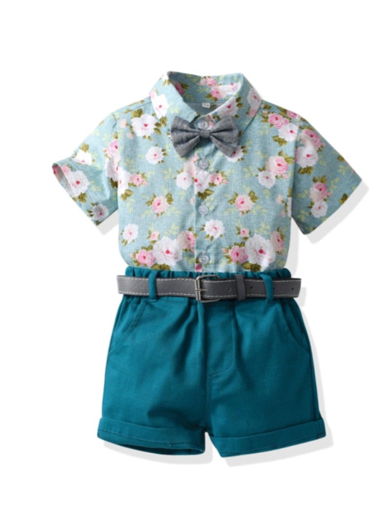 New Short Sleeved Shirt Belt Shorts Two-Piece Set