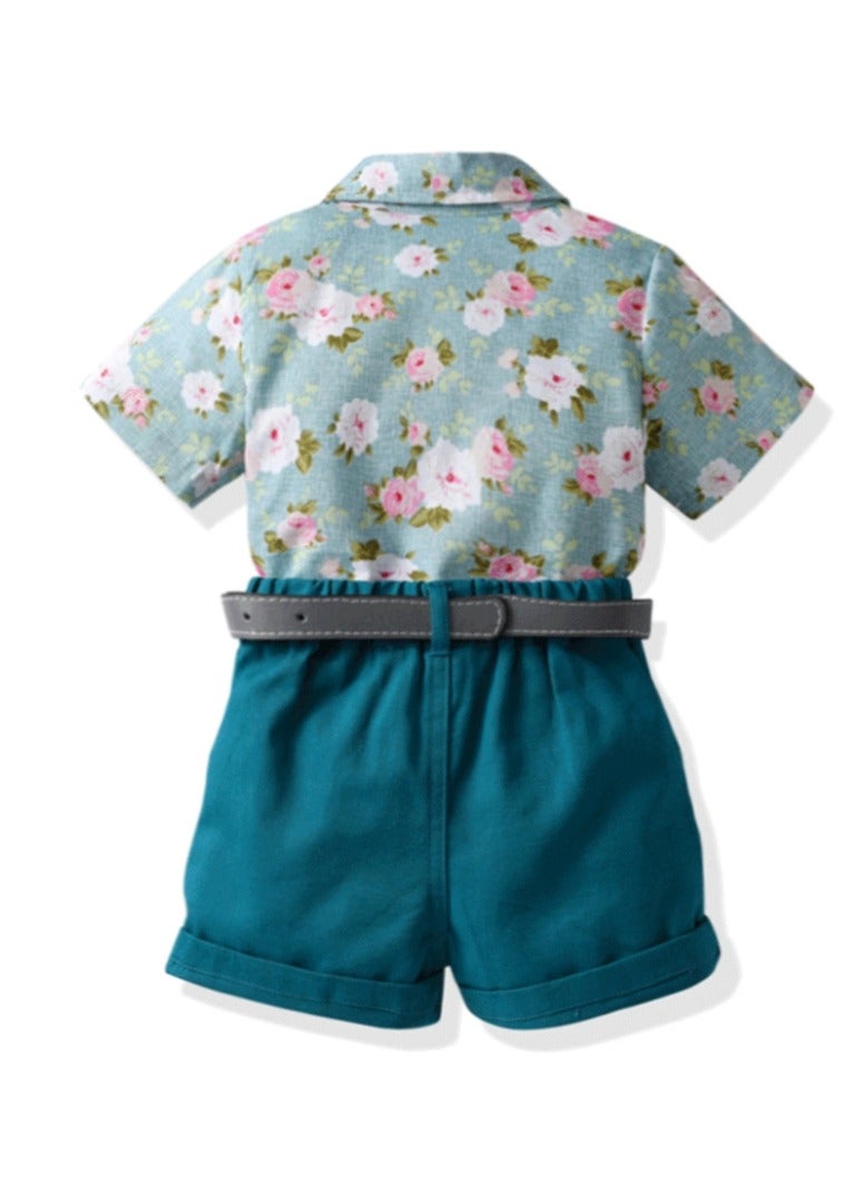 New Short Sleeved Shirt Belt Shorts Two-Piece Set