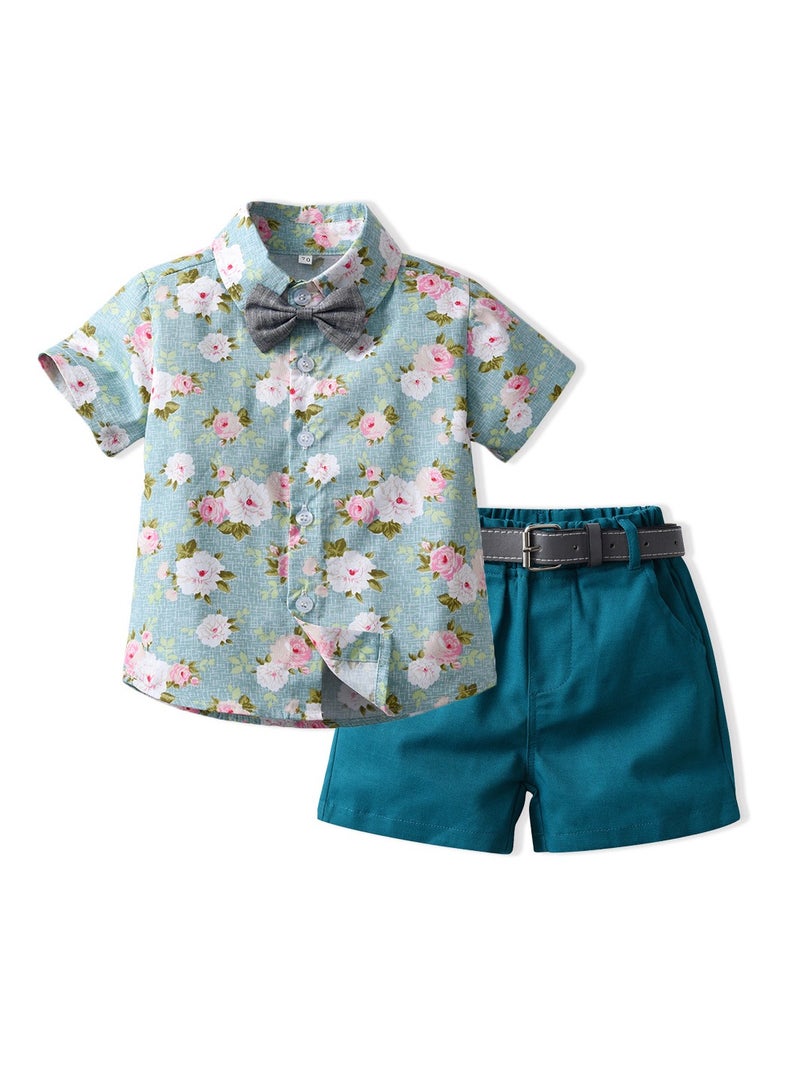 New Short Sleeved Shirt Belt Shorts Two-Piece Set