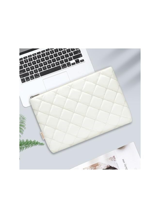 13-13.3 inch Laptop Sleeve Puffer Rhombus Quilted Padding Bag for Women, Soft Puffy Carrying Case Compatible with MacBook Air 13/Pro 13/Pro 14 inch, Cute Lightweight Nylon Bag Cover, Milk White