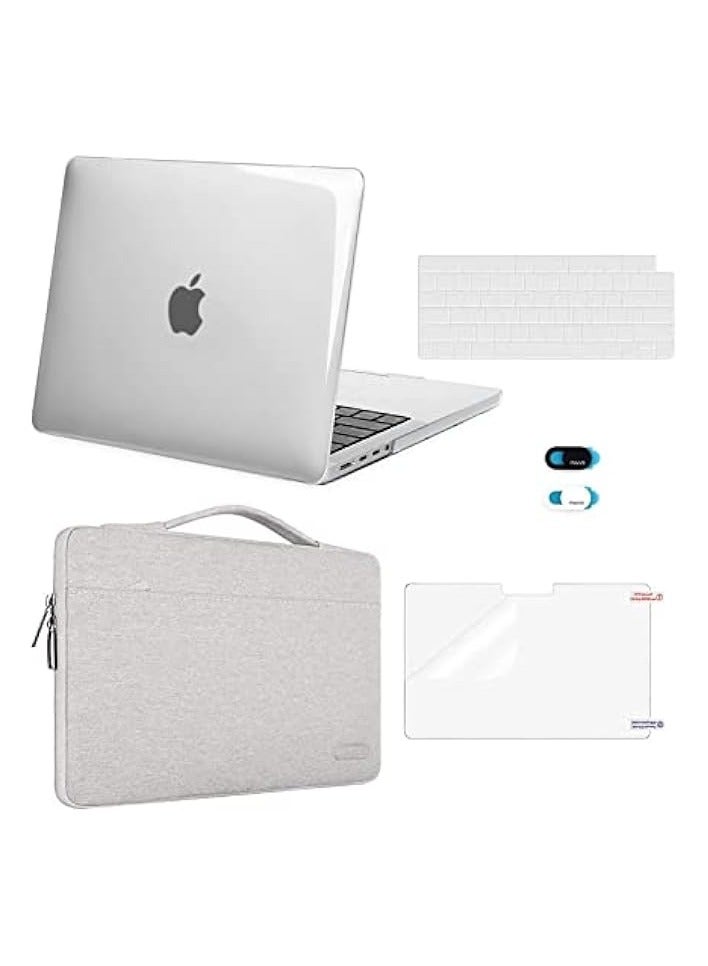 Compatible with MacBook Pro 14 inch Case 2023 2022 2021 Release M2 A2779 A2442 M1 Pro/Max Chip Touch ID, Plastic Hard Shell&Sleeve Bag&Keyboard Skin&Webcam Cover&Screen Protector, Clear&Gray