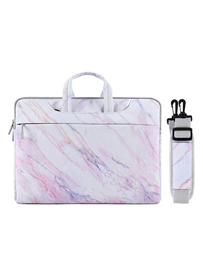 Laptop Shoulder Bag Compatible with MacBook Air/Pro,13-13.3 inch Notebook,Compatible with MacBook Pro 14 inch 2022 2021 M1 Pro/Max A2442, Canvas Marble Briefcase Sleeve Case Cover, Pink