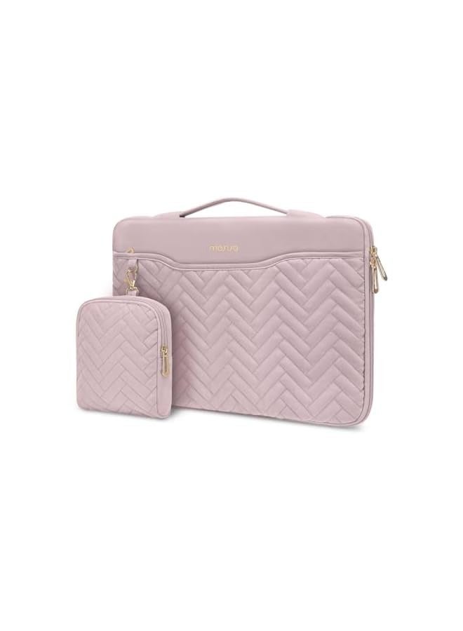 13-14 inch 360 Protective Laptop Sleeve Compatible with MacBook Air/Pro, 13-13.3 inch Notebook, Compatible with MacBook Pro 14, Rectangle Quilted Bag with Handle&Pocket&Small Case, Pink