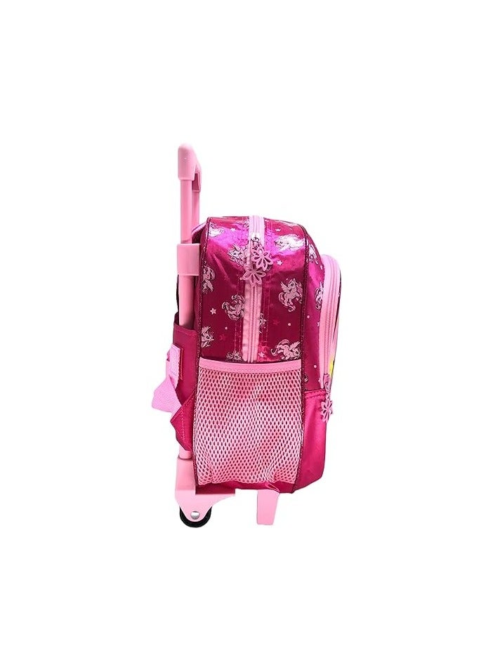 Girls unicorn trolley backpack features a vibrant, colorful design adorned with playful unicorn graphics. With sturdy wheels and a retractable handle, it’s perfect for easy transportation to school